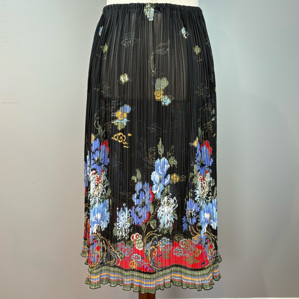 Vintage Sheer Pleated Midi Skirt Size 10 Black Floral w Colorful Striped Hemline